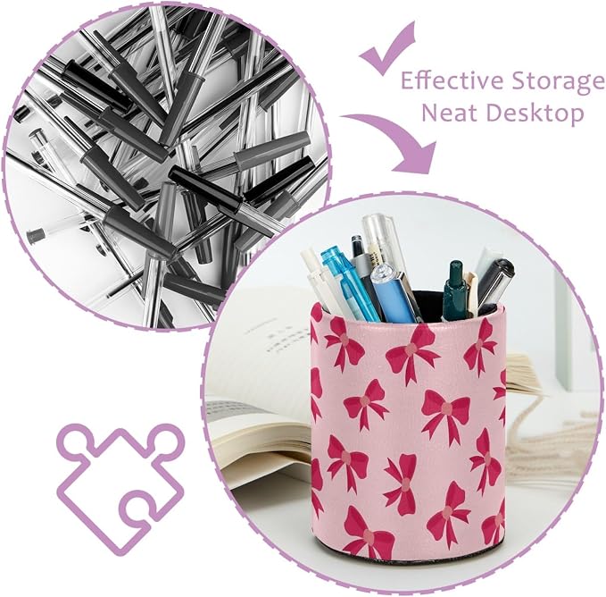 Red Bows Pen Holder Pencil Organizer for Desk, 3.1” x 3.1” x 3.9” Pencil Cup Office Supplies, Large Capacity Cute Pen and Makeup Brush Holder for Home, School, Desktop