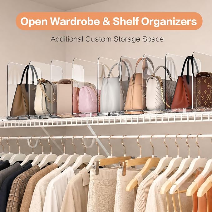 Stackable Purse Organizer for Closet Shelf, Acrylic 4 Set | Adjustable Dividers, Modular purse storage System, for Handbag Wallet Paper Bag, for Woman, Keep Upright Storage