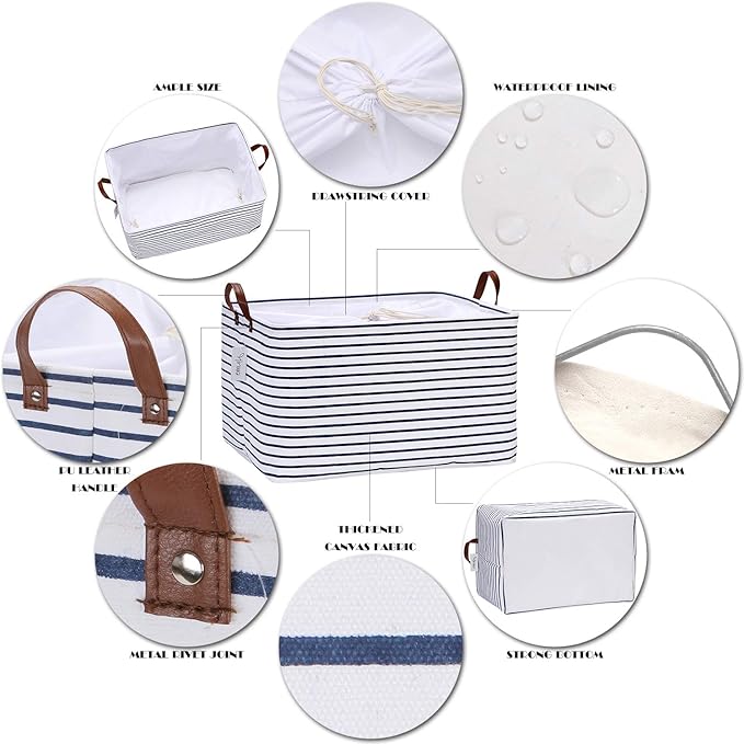 Hinwo 70L Extra Large Storage Bins, 6-Pack Closet Organizers and Storage, Foldable Clothes Storage Baskets with Handles, Containers for Clothing, Blanket, Comforters, Toys, Bedding (Navy Stripe)