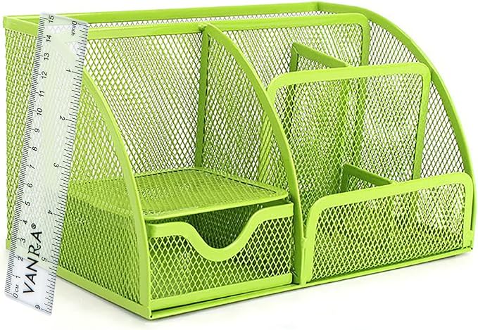 VANRA Office Supply Caddy Mesh Desk Organizer School Supply Holder 6 Compartments with Drawer (Green)