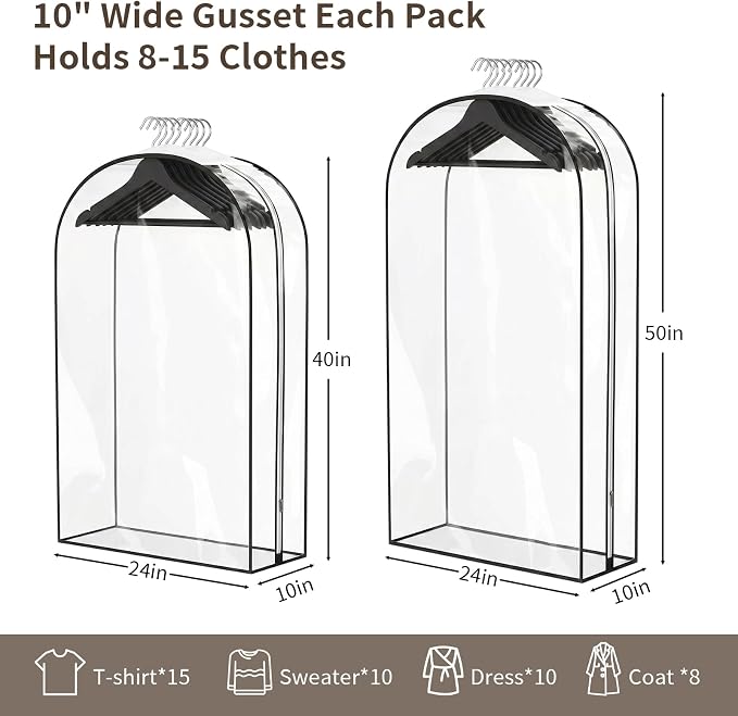 6Pack Garment Bags for Hanging Clothes - Clear Garment Bags with Zipper, Suit Bags for Closet Storage, Clear Hanging Clothes Protector Covers for Coats, Shirts, Dresses (40 & 50 Inch)