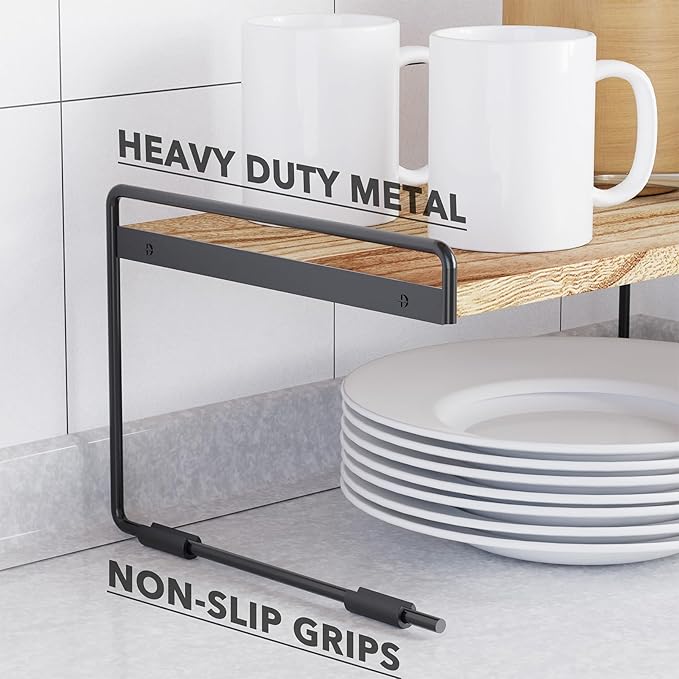 SpaceAid Cabinet Shelf Organizers 2 Pack, Kitchen Counter Organizer Rack Under Shelves Riser, Pantry Cupboard Storage Organization, Metal and Wood, Black and Natural, 13" Wide
