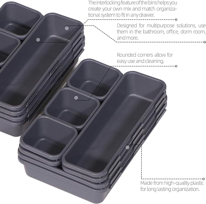 Set of 22 Interlocking Desk Drawer Organizer Tray Dividers Plastic Shallow Narrow Drawers Organizers Separators and Storage Bins Container for Kitchen Bathroom Makeup Office Vanity Bedroom Dresser