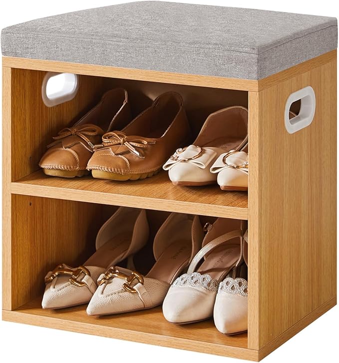 YMYNY Small Shoe Storage Bench with Cushion, Natural, HBD028N | 2 Tier Entryway Bench with Storage, Small Shoe Rack Bench with Adjustable Shelf for Entryway 11 x 15.3 x 16.5 Inches