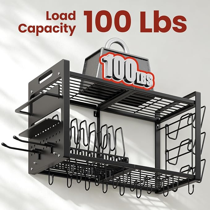 Pot Rack Wall Mount, Hanging Heavy Duty Metal Pan Organizer with 20 Hooks,Pot Shelf with 3 Pot Lid Holder with 8 Adjustable Dividers Loads 100lbs for Kitchen Cookware and Utensil storage