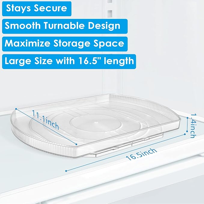 Lazy Susan Turntable for Refrigerator, Square Turntable Organizer for Fridge Cabinet, Pantry, Countertop | 16.5" x 11.1" (Rectangle 1 Pack - Clear)