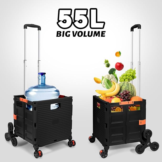 FELICON SELORSS Folding Utility Cart Portable Rolling Crate Handcart with Stair Climbing Wheels&360°Swivel Wheels Telescoping Handle Plastic Box Dolly for Travel Shop Move Office Teacher Use(Black)