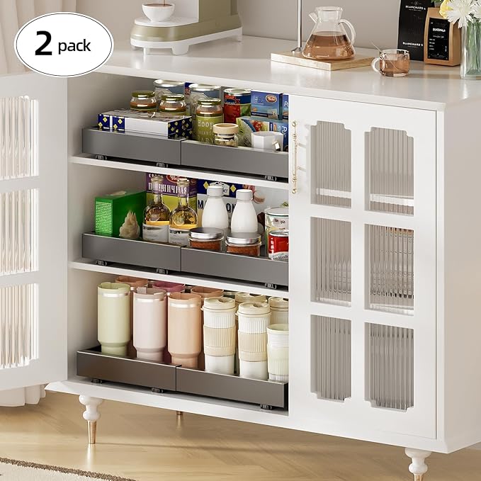 Delamu 16" Deep Pull Out Cabinet Organizer with 6 Dividers, Expandable (11.7 "-20" W) Pull Out Drawers for Cabinets, Cabinet Trays Pull Out for Cabinets in Kitchen, Pantry or Bathroom, Black, 2 Pack