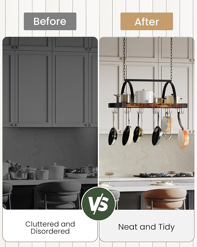 CHOEZON Hanging Pot Rack, Pot Hanger for Kitchen, Ceiling Mounted Pot Holder, Cookware Organizer with 18 S-Shaped Hooks, for Pot, Pan Storage, Space-Saving, Rustic Brown and Black TPR18BF