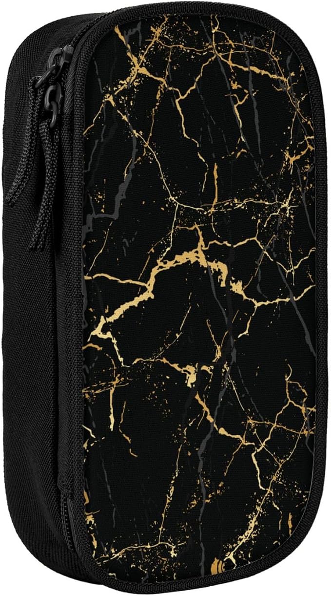 Perinsto Black And Gold Marble Texture Pencil Case Big Capacity Multi Compartment Stationery Box Pencil Pouch Holder Desk Organizer For School Office Home