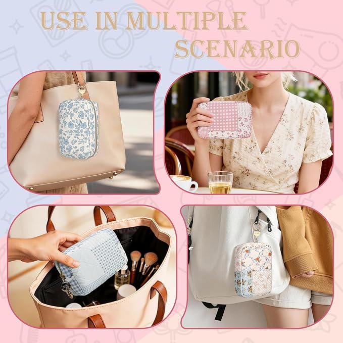 Quilted Small Makeup Bag, Multi Pockets Cosmetic Pouch, PJ Yellow | Floral Travel Makeup Pouch, Make Up Pouch for Women, Purse Organizer Pouches for Travel/ Gym/ Daily Use, Perfect Gifts