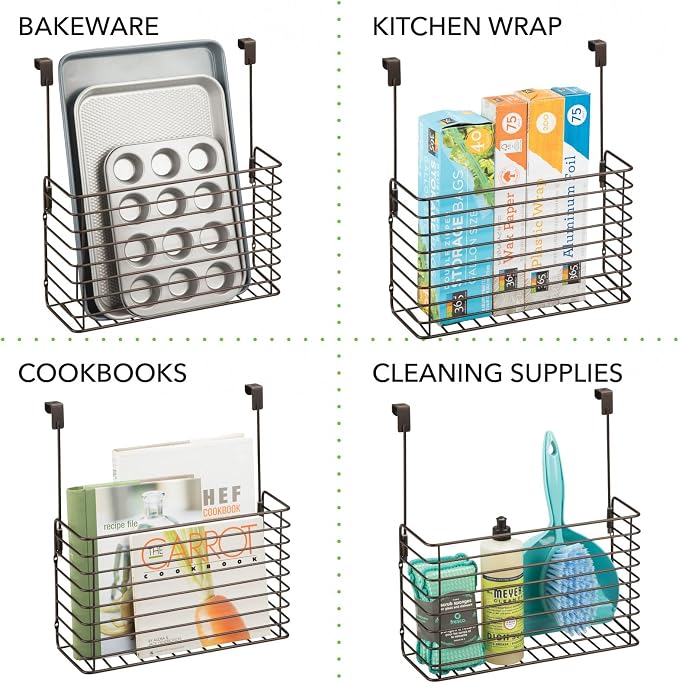 mDesign Over The Cupboard Hanging Storage Basket – Metal Bakeware Organiser and Cutting Board Holder – Excellent Kitchen Storage Solution – Bronze