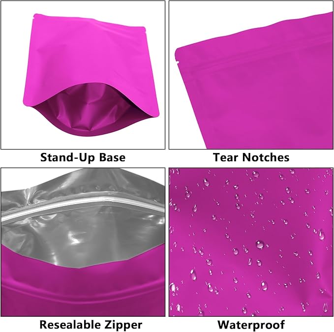 100PCS Smell Proof Resealable Pouch Bags,ULIFESTAR Aluminum Foil Flat Food Storage Bag,Sealable Pcsaging Zipper Pouches with Tear Notches for Pcsaging Lipgloss,Jewelry,etc(12*20cm/4.72*7.87",Purple)