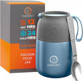 Vacuum Insulated Food Jar. Large 17oz Bowl incl. Folding Spoon, Cup. Wide Mouth Keep Hot & Cold Drinks Soup Lunch Container for Adults. BPA-Free Stainless Steel, Leak Proof Shiny Blue