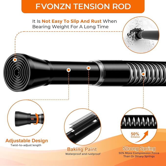 Spring Tension Curtain Rod 45 to 76 Inch 7/8" Diameter Adjustable No Drilling Black Shower Curtain Rods for Window Doorway Closet Door Kitchen Bathroom