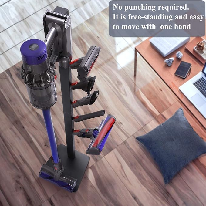 XIGOO Dyson Vacuum Stand with 5 Hooks, Black | Compatible with V15 Detect V11 V10 V8 V7 V6 Cordless Vacuum Cleaners & Accessories, Stable Metal Bracket Organizer Rack