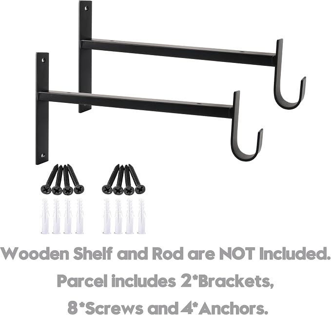 AddGrace Closet Rod Bracket Heavy Duty Shelf Brackets Black 6 Inch 2 Pack | Fit for Closet Wardrobe Laundry Room and Kitchen, with Hook, Store Above and Hang Below, Supports 66 lbs, Easy to Install