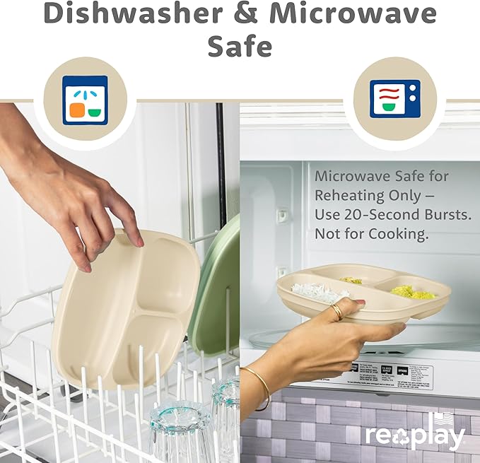 Re-Play Toddler Plates with Dividers - Deep-Walled 3 Compartments Divided Plates for Kids - Dishwasher & Microwave Safe - Made in USA - Set of 4-7.37" x 7.37" x 1.25" - Sand
