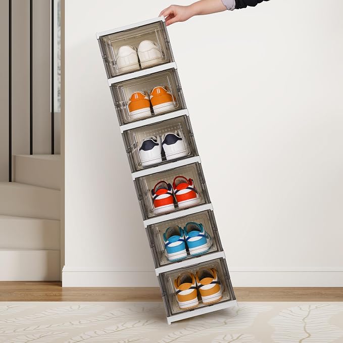 Foldable Shoe Rack, With Clear Door, Freestanding Shoe Shelf 6-Tier, Grey | No assembly, Breathable dustproof, Stackable, Front-open door, For closet, entryway, bedroom,