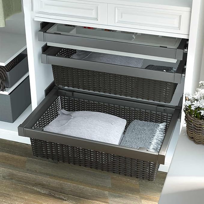 Pull Out Cabinet Storage Basket,Wardrobe Storage Organiser,Stackable Detachable Baskets Closet Storage Box,for Kitchen Office Wardrobes Cupboard Storage(Brown,437x20x750mm)