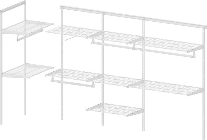 Closet System Wall Mounted 4-9.5 Ft, Heavy Duty Adjustable Wire Shelving with Hanging Rod, Custom Organizer Kit for Bedroom Laundry Mudroom, White