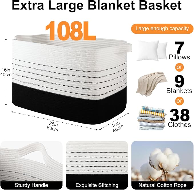 OIAHOMY 108L Extra Large Blanket Basket, 25”x16”x16” Rectangle Woven Cotton Rope Baskets for Living Room, Toy Storage with Handle- Gradient Black
