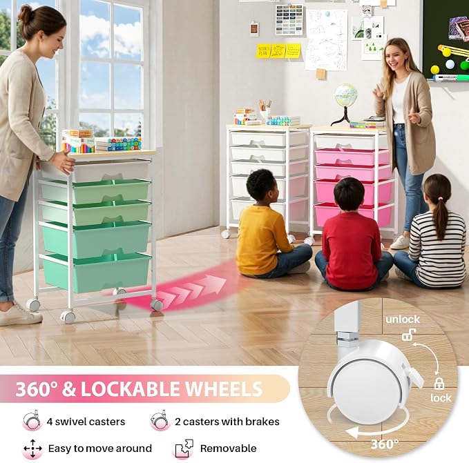 Goovilla Rolling Cart with Drawers, Utility Cart Organizer with 5 Removable Drawers and Wooden Tabletop, Lockable Rolling Storage Organizer for Art, Classroom, Home, Dorm, Office, Craft Storage, Pink