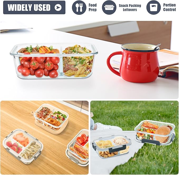 6 Pack 3 Compartment Glass Meal Prep Containers with Lids, 34oz, Grey | Portion Control Lunch Container Set, Glass Food Storage Containers with Airtight Lids, Microwave, Freezer, Dishwasher Safe