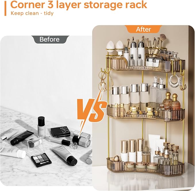 3-Tier Corner Bathroom Counter Organizer，Makeup & Skincare Shelf with Built-in Brush Holder，Space-Saving Bathroom Countertop Organizer for Skincare, Perfume, Cosmetics(Amber)