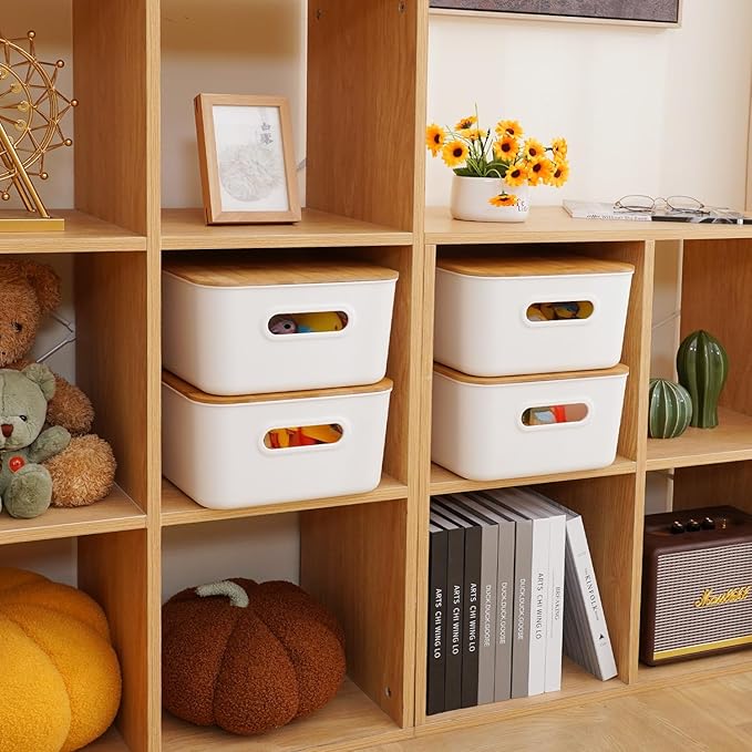 Citylife Storage Bins with Bamboo Lids 16QT Plastic Storage Containers Stackable Organizer Boxes with Handle for Desk Snacks, Toys, 4 PCS, 15" L x 10.6" W x 5.8" H