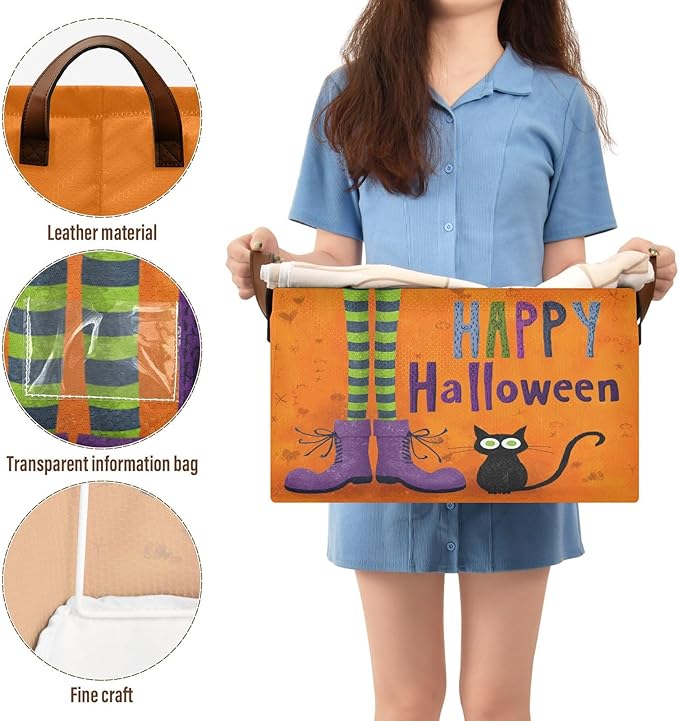 Happy Halloween Witch and Cat Storage Basket Foldable Cube Storage Bins with Handles&Label Waterproof Collapsible Organizer Box Bin Large Rectangle Decorative Baskets for Shelves Home Room Laundry