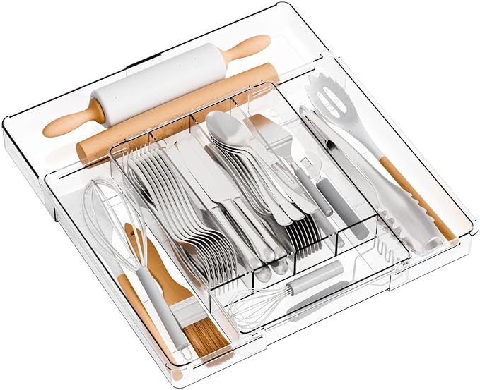 Yieach Acrylic Clear Expandable Kitchen Utensil Drawer Organizer and Silverware Organizer,BPA FREE Adjustable Silverware Tray for Drawer Cutlery,Spatula,Tools,Flatware Organizers,Fork and Spoon Holder