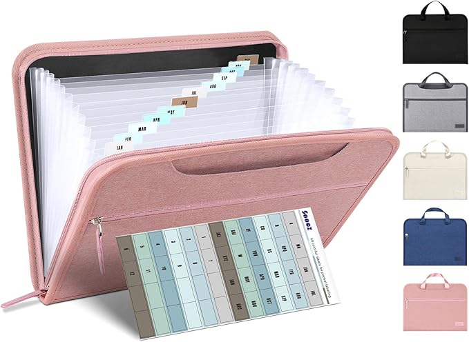 Sooez Heavy Duty Accordion File Organizer with Hidden Handle, Portable 12 Pockets Expanding File Folders, Cloth Monthly Bills Receipt Organizer for Letter/A4, School Classroom Home & Office Supplies
