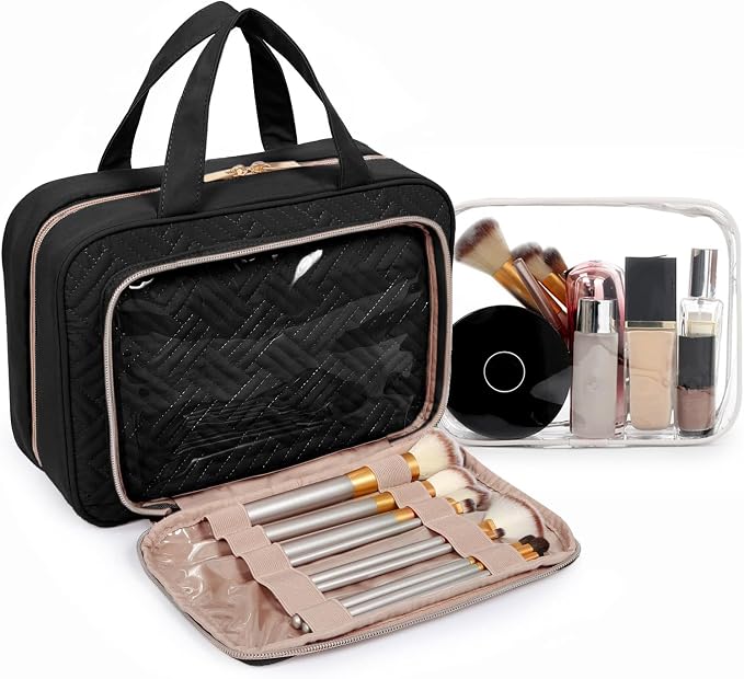 BAGSMART Toiletry Bag Hanging Travel Makeup Organizer with TSA Approved Transparent Cosmetic Bag Makeup Bag for Full Sized Toiletries, Medium-Black