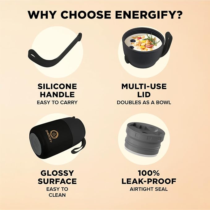 ENERGIFY Vacuum Insulated Food Jar. Large 17oz Bowl incl. Folding Spoon, Cup. Wide Mouth Keep Hot & Cold Drinks Soup Lunch Container for Adults. BPA-Free Stainless Steel, Leak Prooff Black Matte