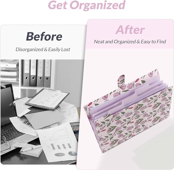 SKYDUE Accordion File Organizer, Floral Expanding File Folders with 5 Pockets, Cute Document Organizer for Paper Bills Receipt Storage, School Office & Hospital Supplies Letter/A4 Size Light Purple