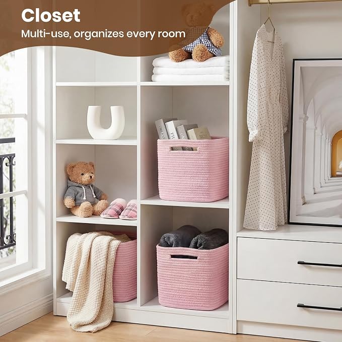 Storage Baskets for Organizing, 14 x 10 x 9” Closet Shelf Woven Baskets, Square Bins with Handles, Cotton Rope Basket for Clothes, Office, Room, Pink 3 Pack