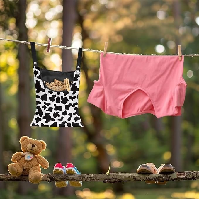 Milk Cow Print Clothespin Bag with Hanging Hook Summer Laundry Clothes Pin Holder Waterproof Clothes Pin Hanging Bag Clothespin Storage Organizer with Large Opening