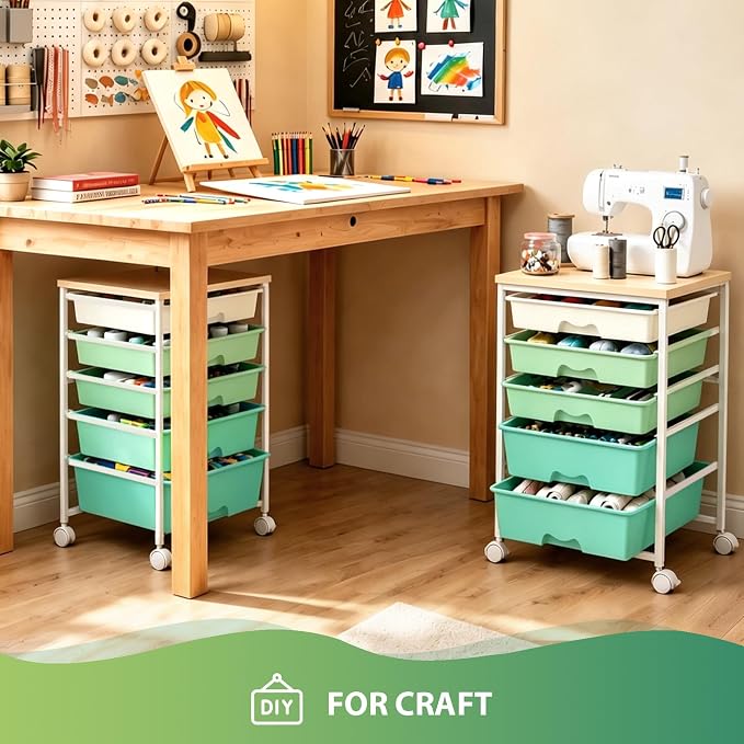 Goovilla Rolling Cart with Drawers, Utility Cart Organizer With 5 Removable Drawers and Wooden Tabletop, Lockable Rolling Storage Organizer for Art, Classroom, Home, Dorm, Office, Craft Storage, Green