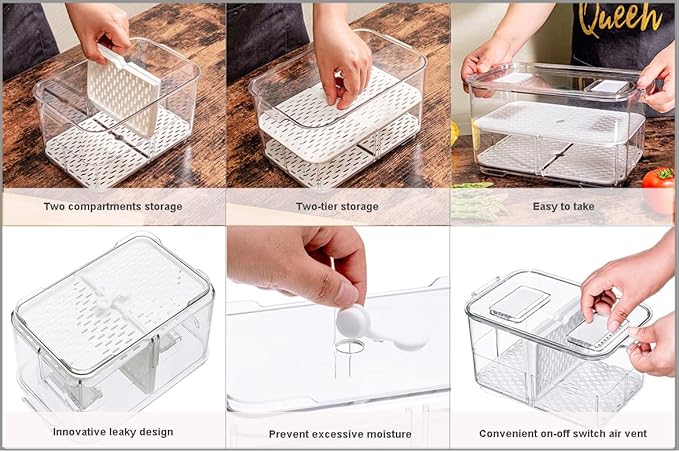 SANNO Fridge Produce Saver Storage Vegetable Fruit Containers Food Produce Saver Container Stackable Refrigerator Organizer Bins Fresh Keeper Drawers Organizer, Set of 4