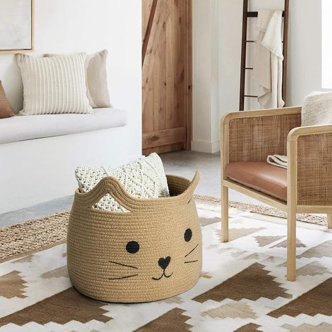 Large Woven Jute Rope Storage Basket, Baby Laundry Basket Organizer for Toys, Blanket, Clothes, Towels, Gifts | Pet Gift Baskets for Cat, Dog - 15.7" L×11.8" H
