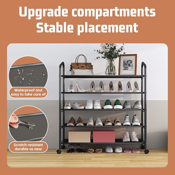 5 Tier Black Metal Shoe Rack Organizer Shoe Stand,Sturdy Rolling Shoe Shelves Storage Racks Organizer for Garage Entryway Closet Floor,with Wheels,31 Inches Wide,Fabric Shelves