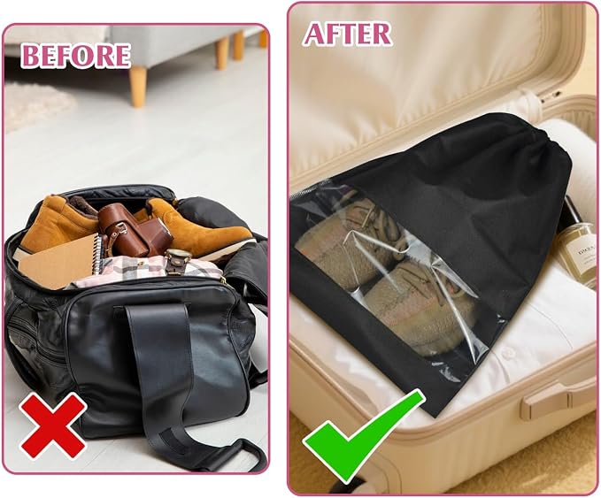 5 Pack Shoe Bags for Travel, Drawstring Bag for Men Women, Shoe Storage, Travel Essentials, Organization Accessories (5, Black)