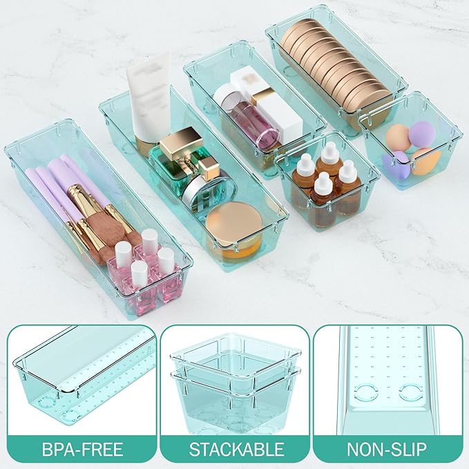 WOWBOX 6 Pack Clear Drawer Organizer Set, Acrylic Drawer Storage Trays, Storage Bins for Makeup, Cosmetics, Jewelries, Utensils, Gadgets, Office, Sea Blue