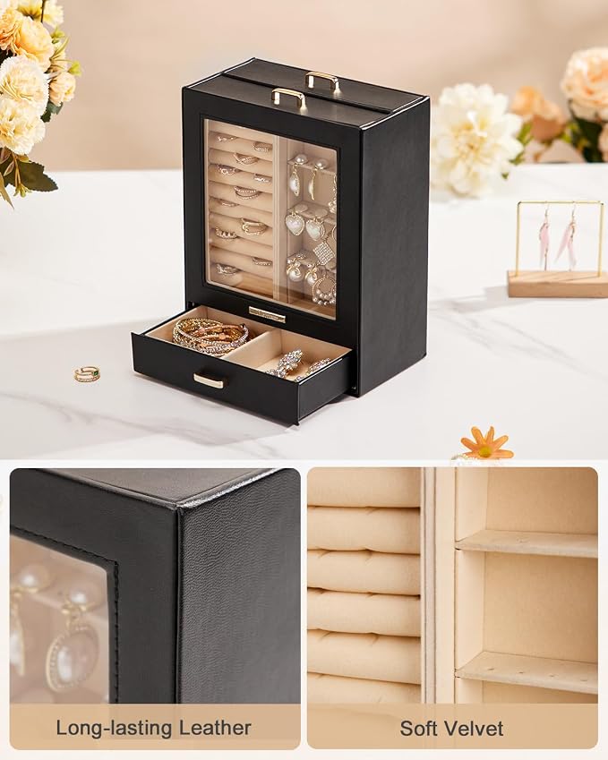 Homde Display Jewelry Box for Girls: Starter Organizer with Clear Window | Vertical Drawers for Earrings Rings Necklaces - Compact Footprint Fits Small Vanities - Birthday&Graduation Gift for Teens