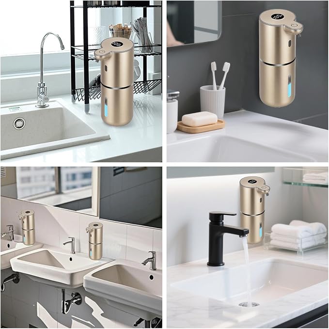 OHIFAST Automatic Foaming Soap Dispenser Touchless, USB Rechargeable Smart Hand Soap Dispenser, 6-Level Adjustable, 12.8oz/380mL Wall Mounted for Bathroom Kitchen Dish Soap-Gold