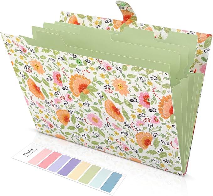 SKYDUE Accordion File Organizer, Floral Expanding File Folders with 5 Pockets, Cute Document Organizer for Paper Bills Receipt Storage, School Office & Hospital Supplies Letter/A4 Size Pea Green
