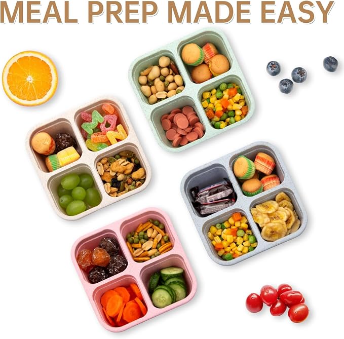 4 Pack Bento Lunch Box，4 Compartment Snack Containers，Divided Bento Snack Box，Meal Prep Containers Kids/Toddle/Adults,Food Storage Containers for School, Work and Travel