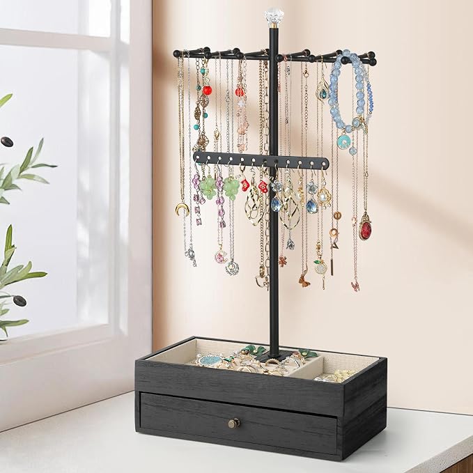 Meangood Jewelry Organizer Stand, 3-Tier Necklace Holder Jewelry Tree with Wooden Storage Drawer Box for Necklace Bracelet Earring Ring,Black