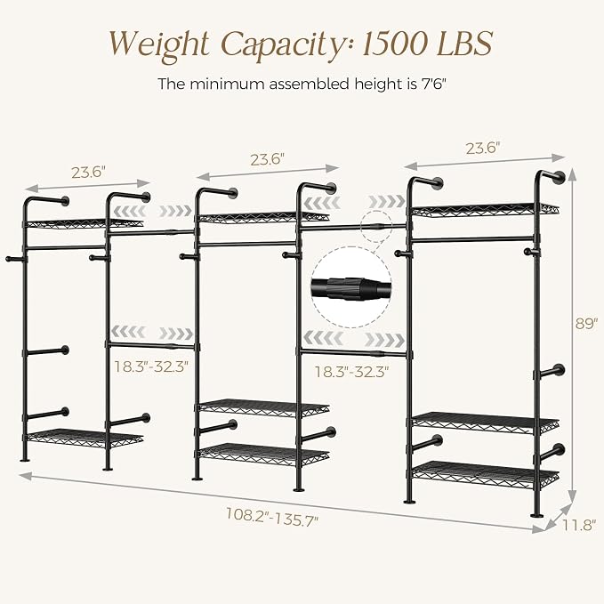 Wall Mounted Closet System, Heavy Duty 5-Row Clothes Rack, Expandable Industrial Pipe Closet Organizers and Storage with 4 Telescopic Rods, 3 Fixed Rods, 6 Hooks & 8 Shelves for Wardrobe, Bedroom